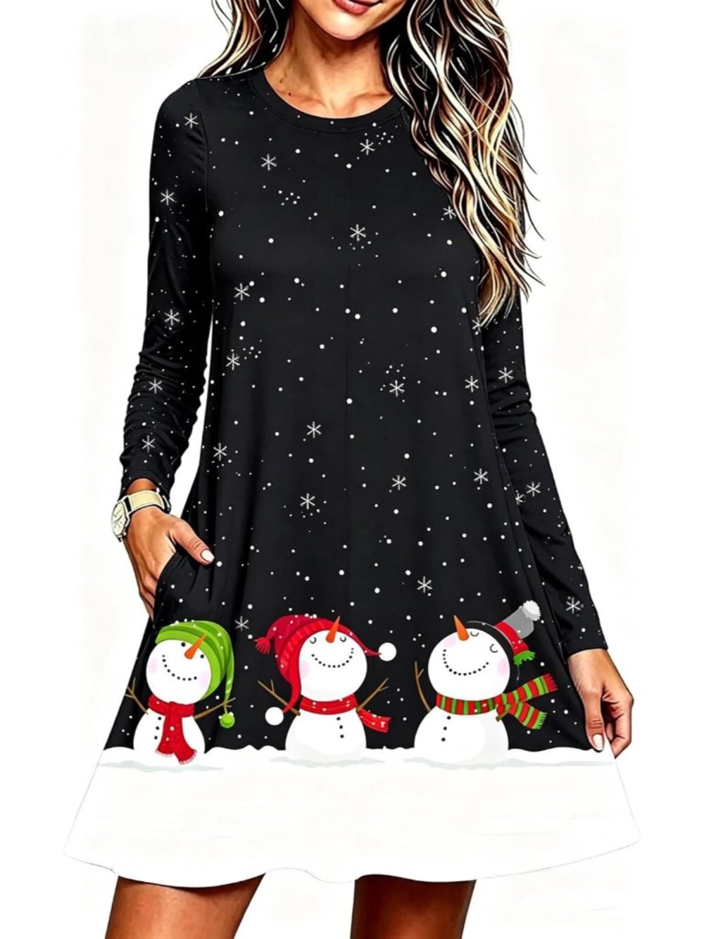 🆕Women's Christmas Snowman Winter Snowflake Long Sleeve Swing Dress Pockets